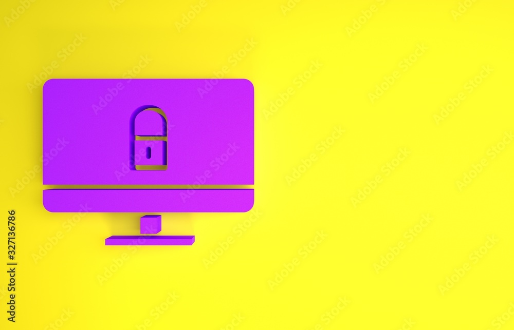 Purple Lock on computer monitor screen icon isolated on yellow background. Security, safety, protect