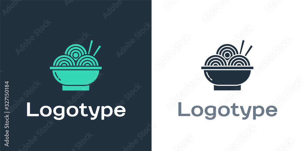 Logotype Asian noodles in bowl and chopsticks icon isolated on white background. Street fast food. K