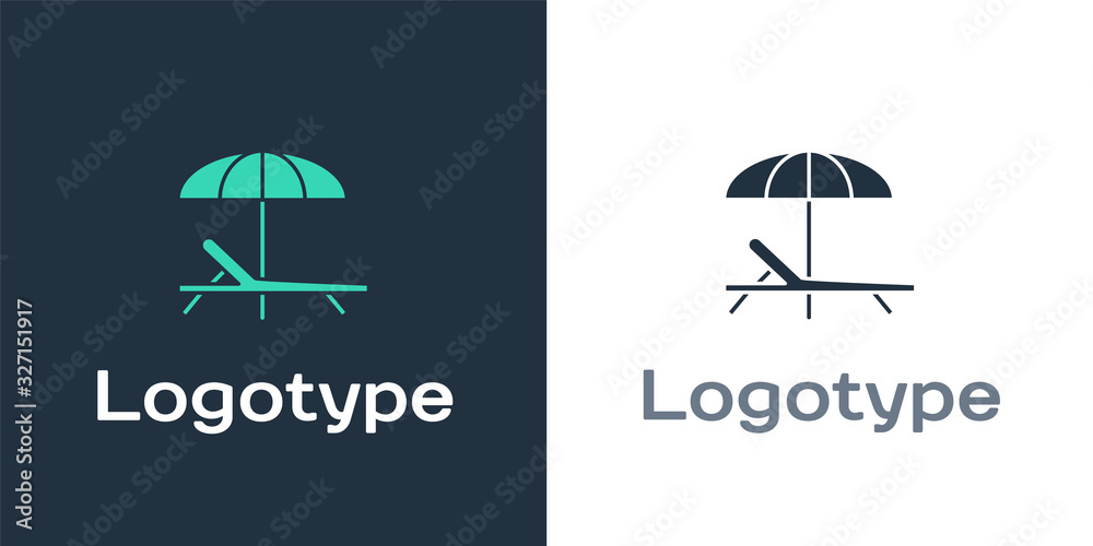 Logotype Sunbed icon isolated on white background. Beach umbrella and Sun lounger. Logo design templ