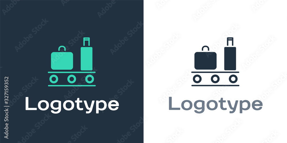 Logotype Airport conveyor belt with passenger luggage, suitcase, bag, baggage icon isolated on white