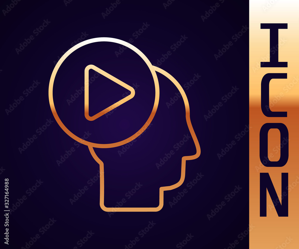 Gold line Head people with play button icon isolated on black background. Vector Illustration