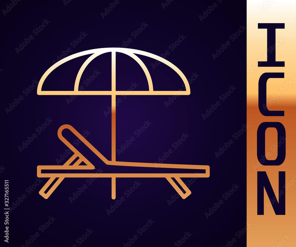 Gold line Sunbed icon isolated on black background. Beach umbrella and Sun lounger. Vector Illustrat