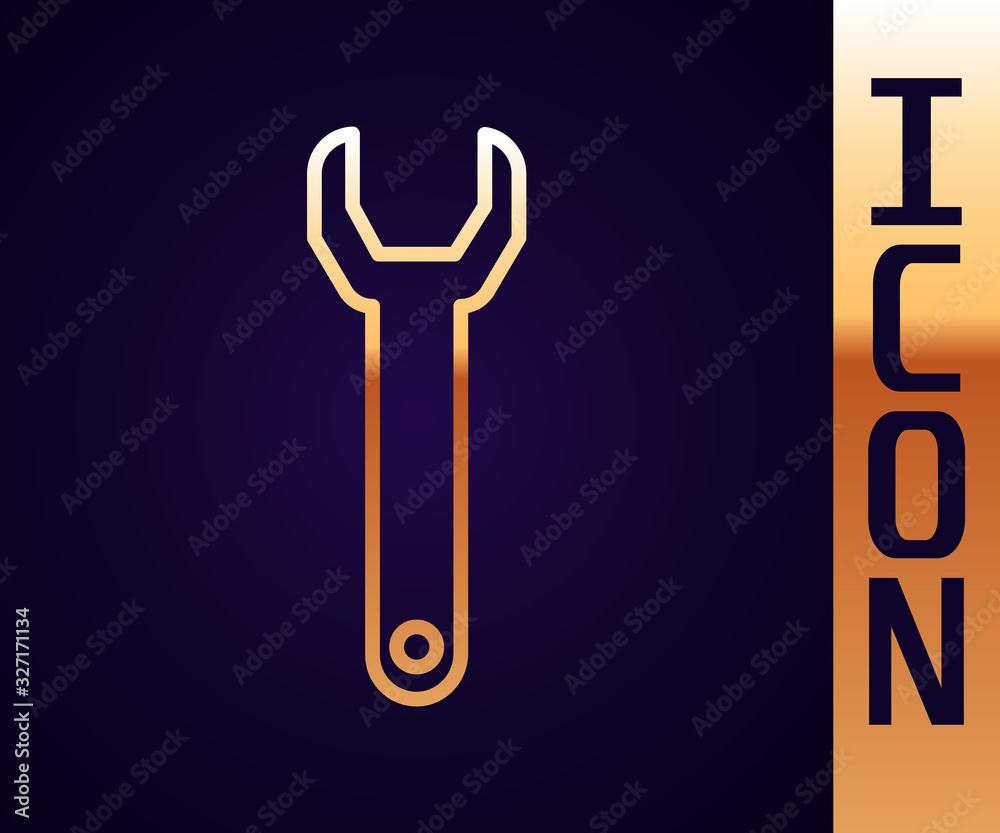 Gold line Wrench spanner icon isolated on black background. Vector Illustration