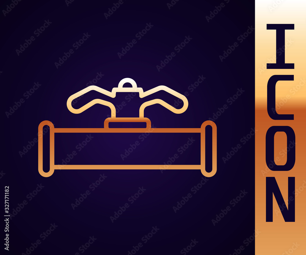 Gold line Industry metallic pipe and valve icon isolated on black background. Vector Illustration