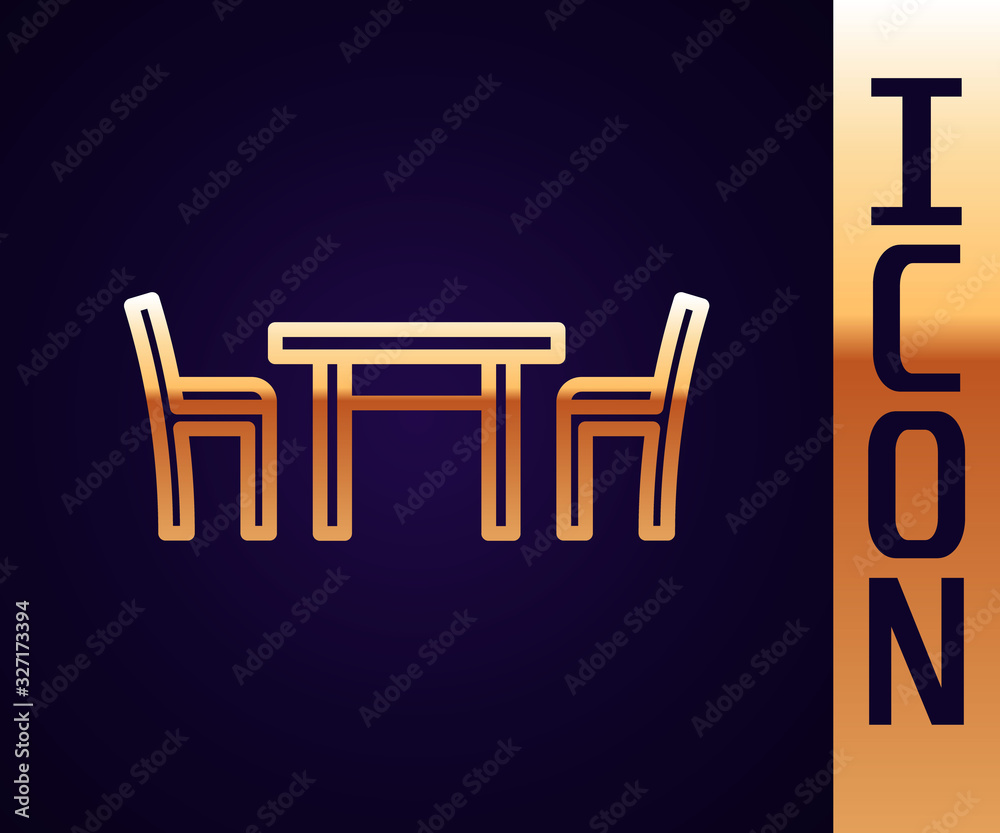 Gold line Wooden table with chair icon isolated on black background. Vector Illustration