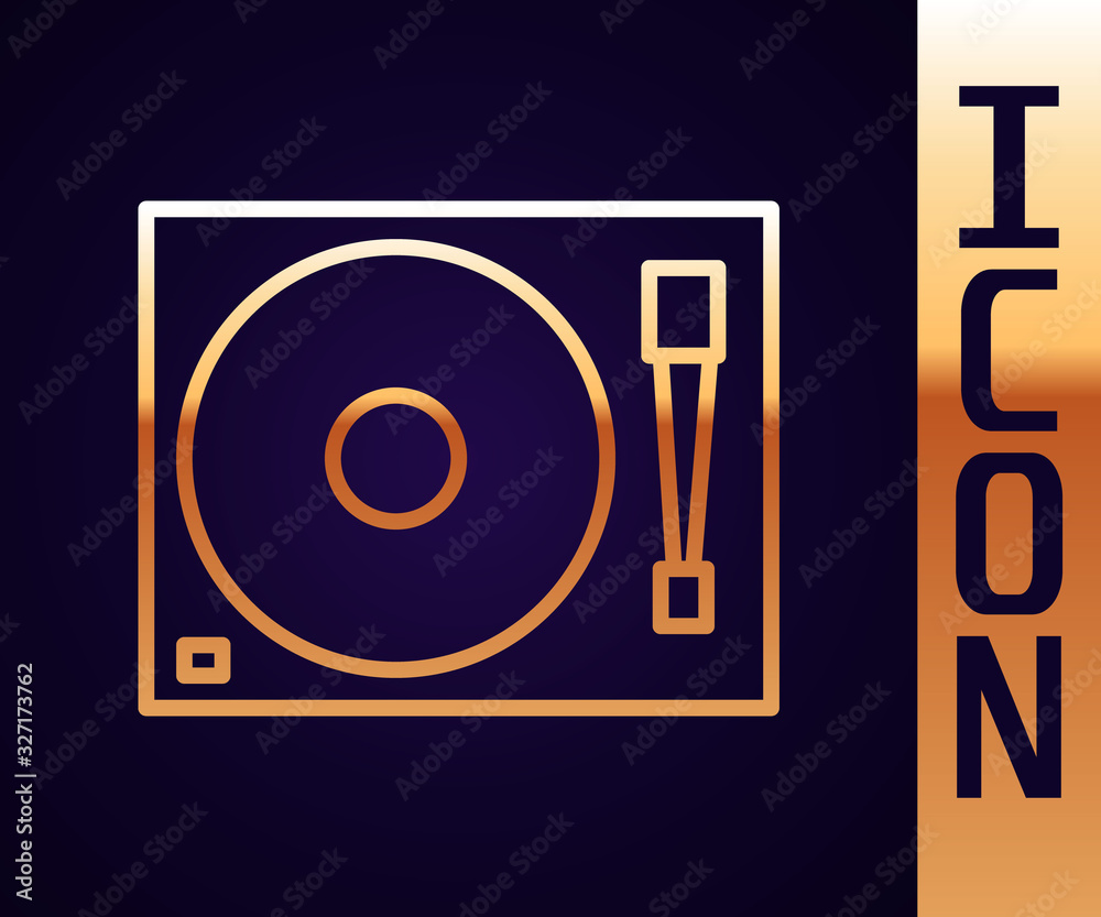 Gold line Vinyl player with a vinyl disk icon isolated on black background. Vector Illustration