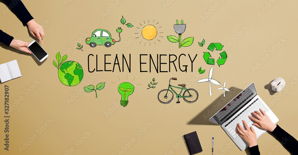 Clean energy concept with people working together with laptop and phone