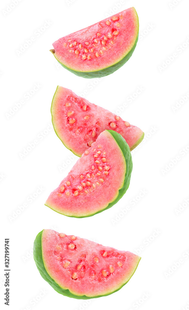 Isolated guava slices. Four wedges of green pink fleshed guava fruits isolated on white background w