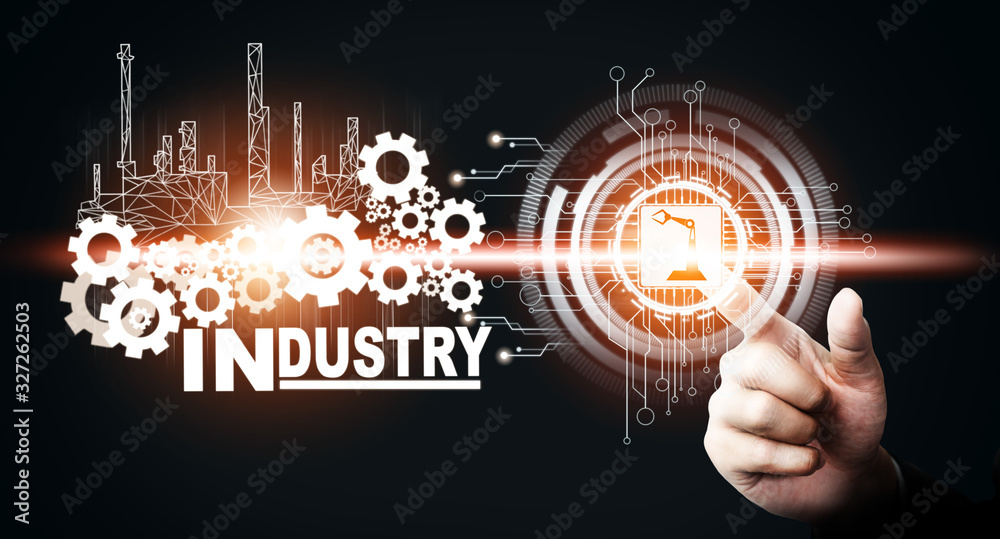 Futuristic industry 4.0 concept - Engineering with graphic interface showing automation design, robo