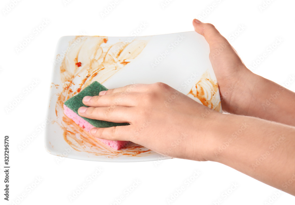 Woman washing dirty plate on white background