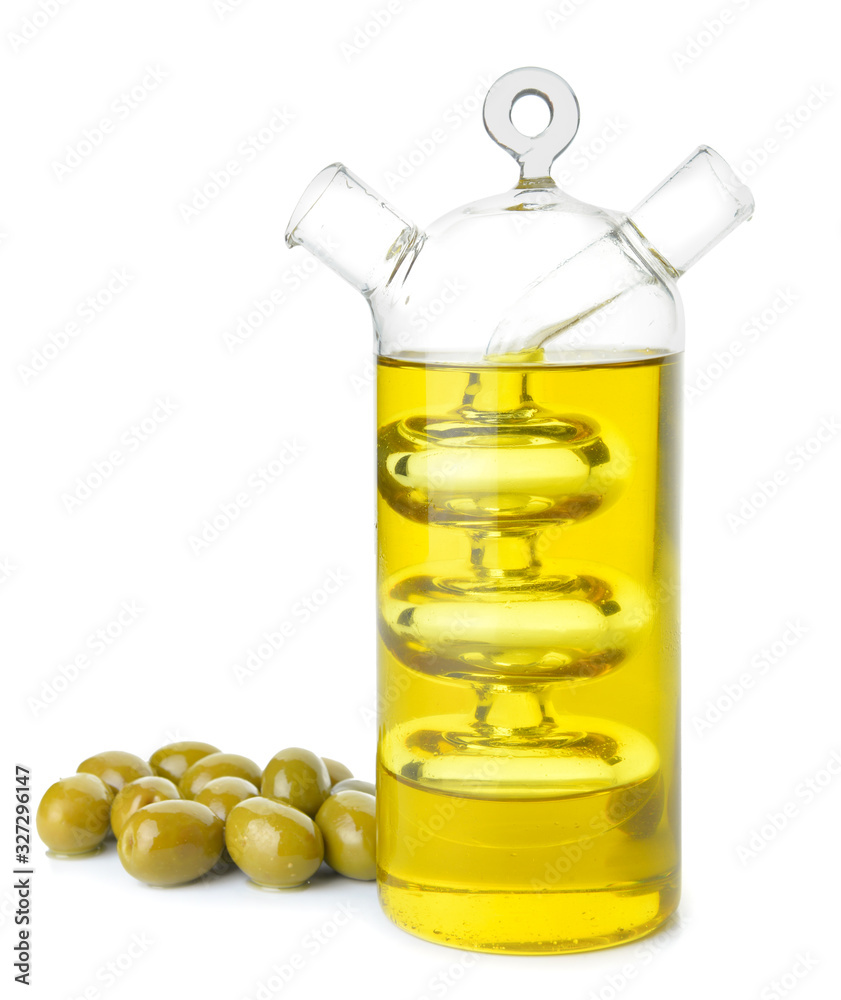 Bottle of tasty olive oil on white background