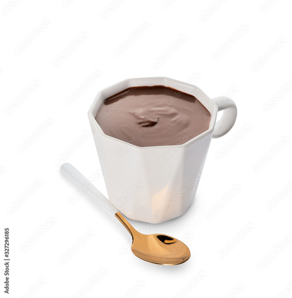 Cup of hot chocolate on white background