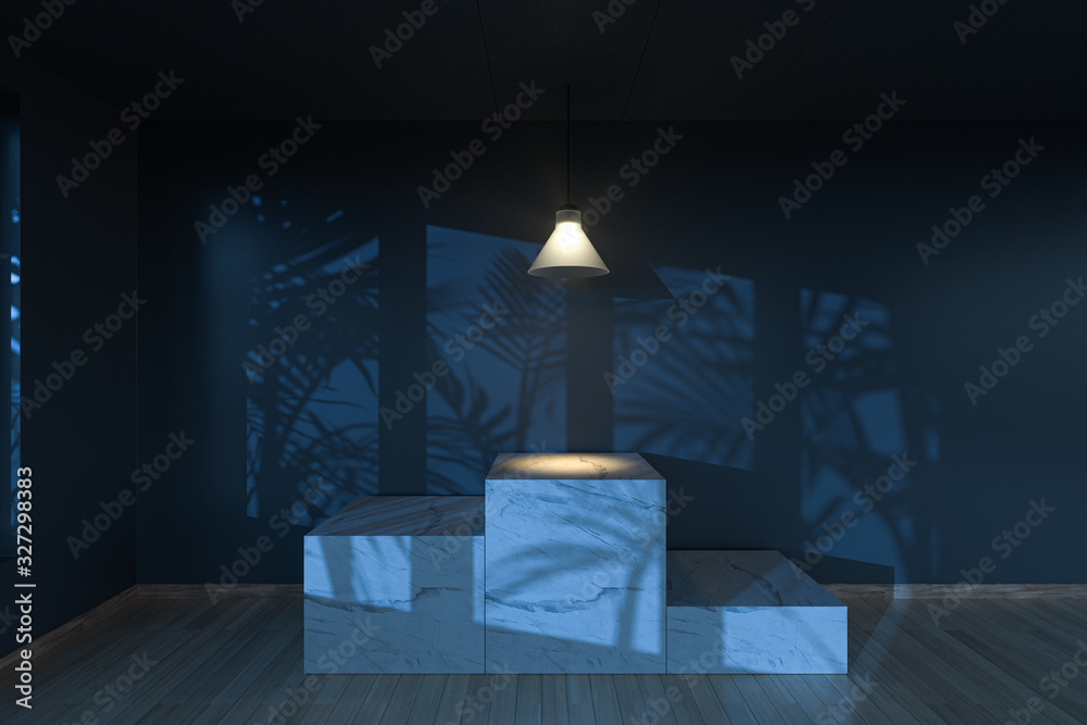 Empty room and marble still life,wooden floor and ceiling lamp,3d rendering.