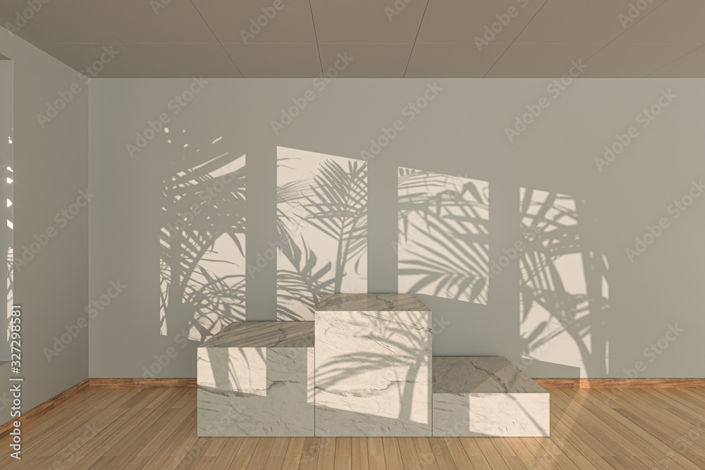 Empty room and marble still life,wooden floor,3d rendering.