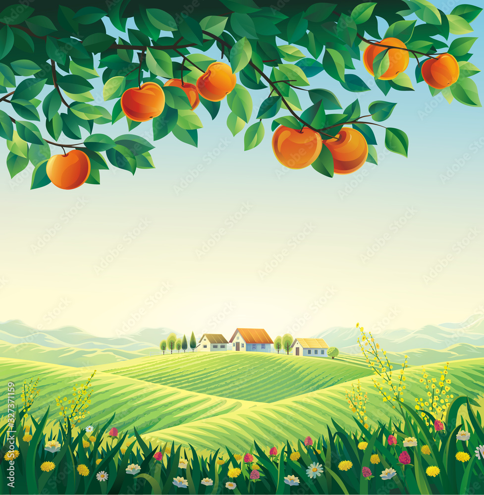 Rural landscape with a village and a branch of an apple tree in the foreground. Raster illustration.