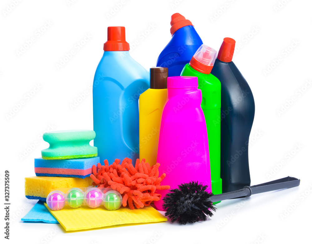 Set of cleaning supplies on white background