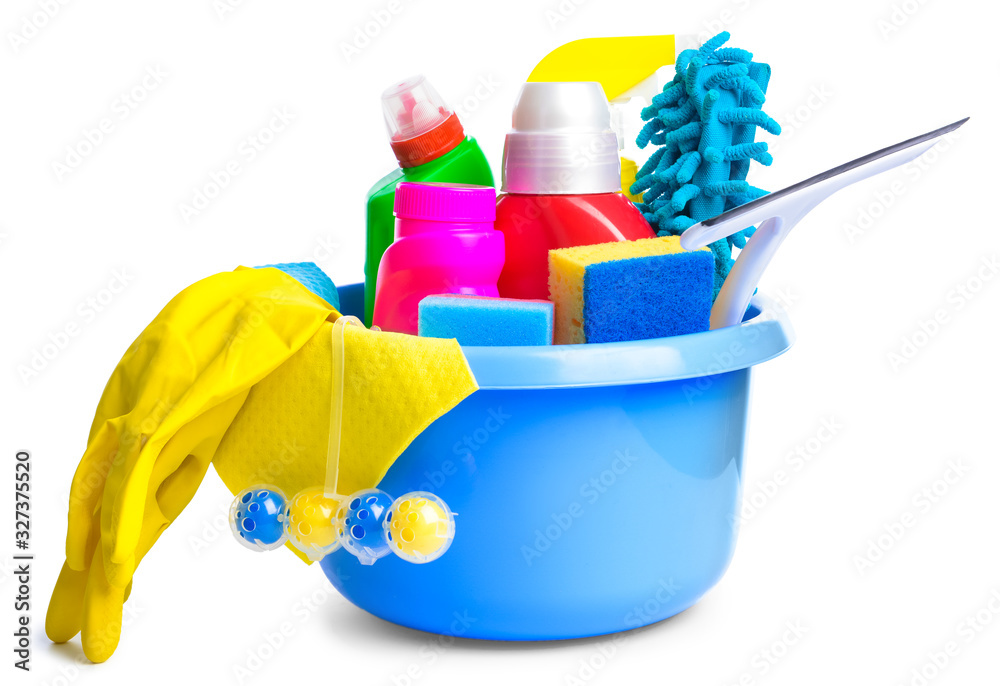 Set of cleaning supplies on white background