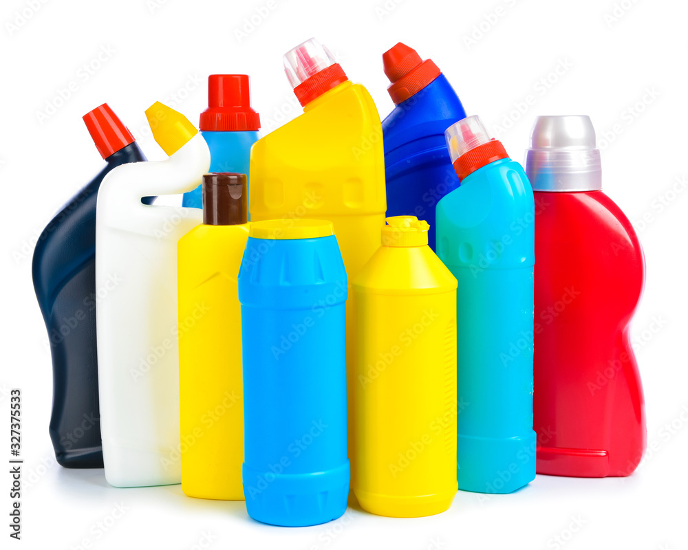 Bottles of detergents on white background