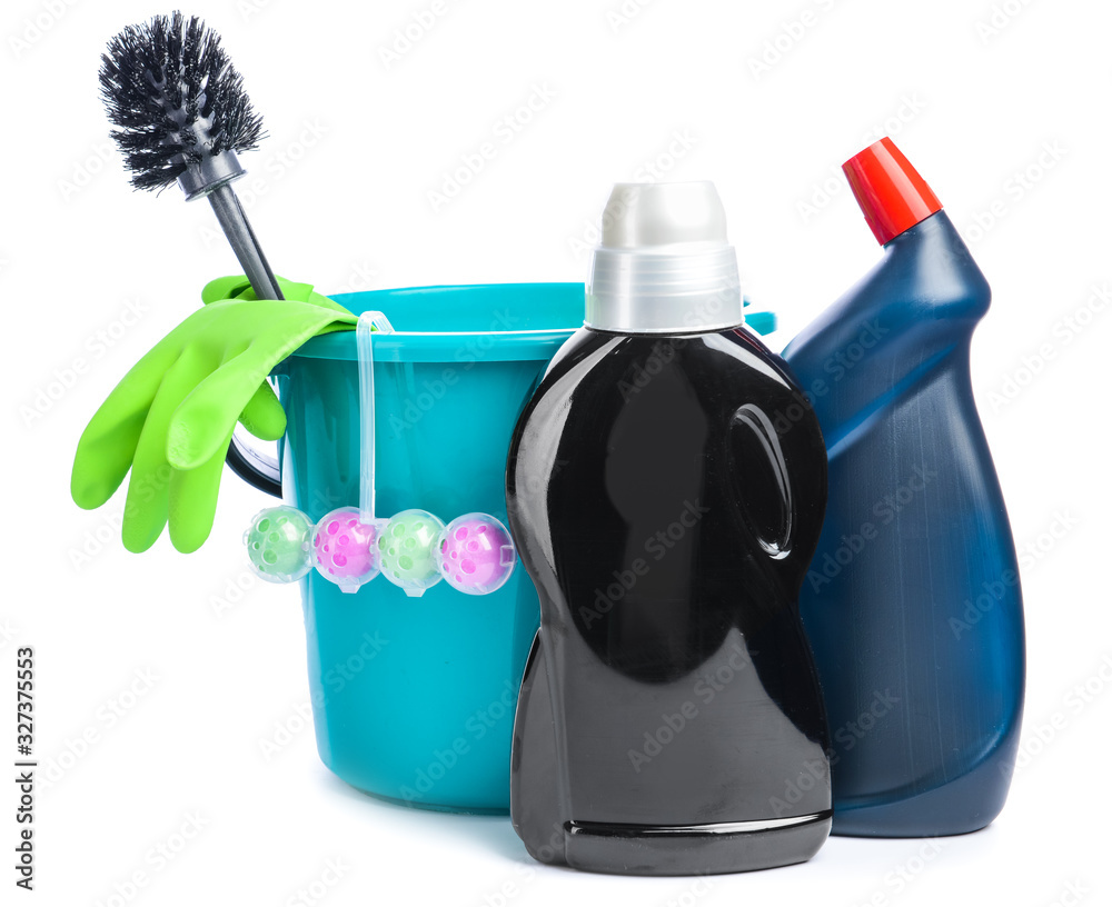 Set of cleaning supplies on white background