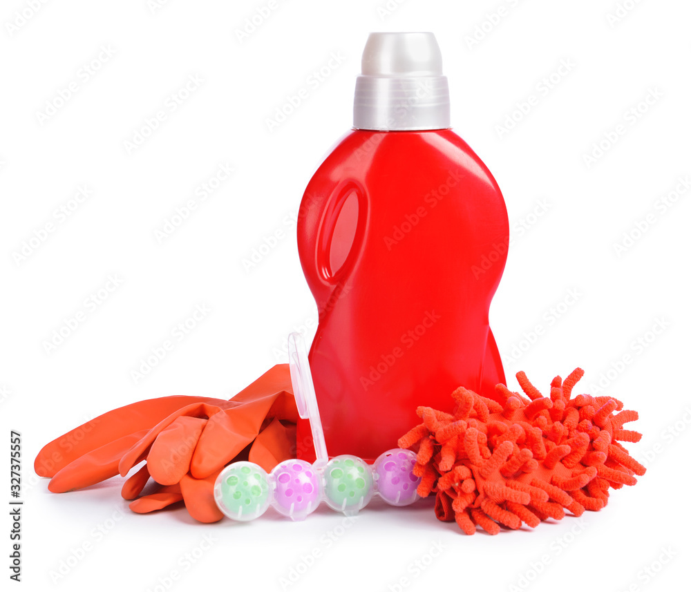 Set of cleaning supplies on white background