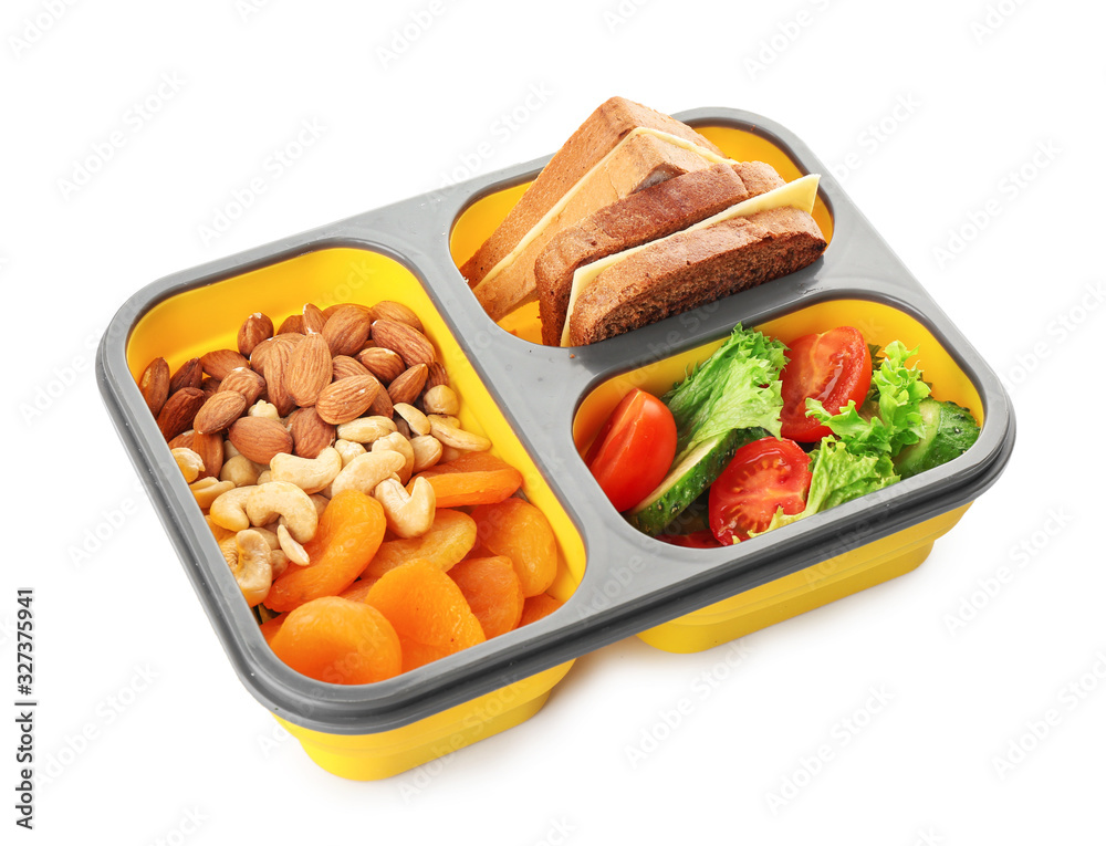 School lunch box with tasty food on white background