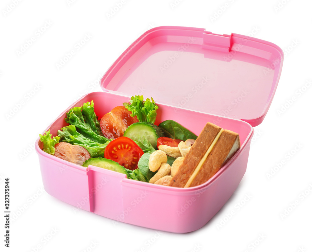 School lunch box with tasty food on white background