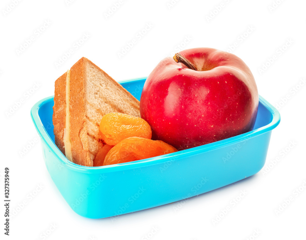 School lunch box with tasty food on white background