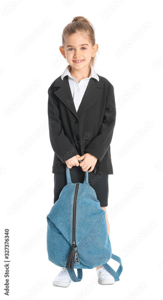 Cute little schoolgirl on white background