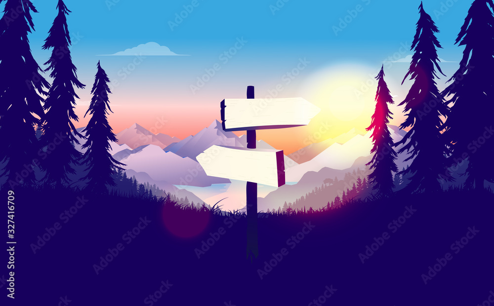 Crossroad with blank signpost outdoors in a beautiful landscape. Sunrise and mountains in background