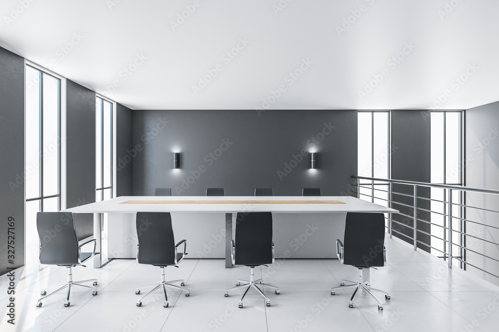 Contemporary conference interior with copy space on gray wall.