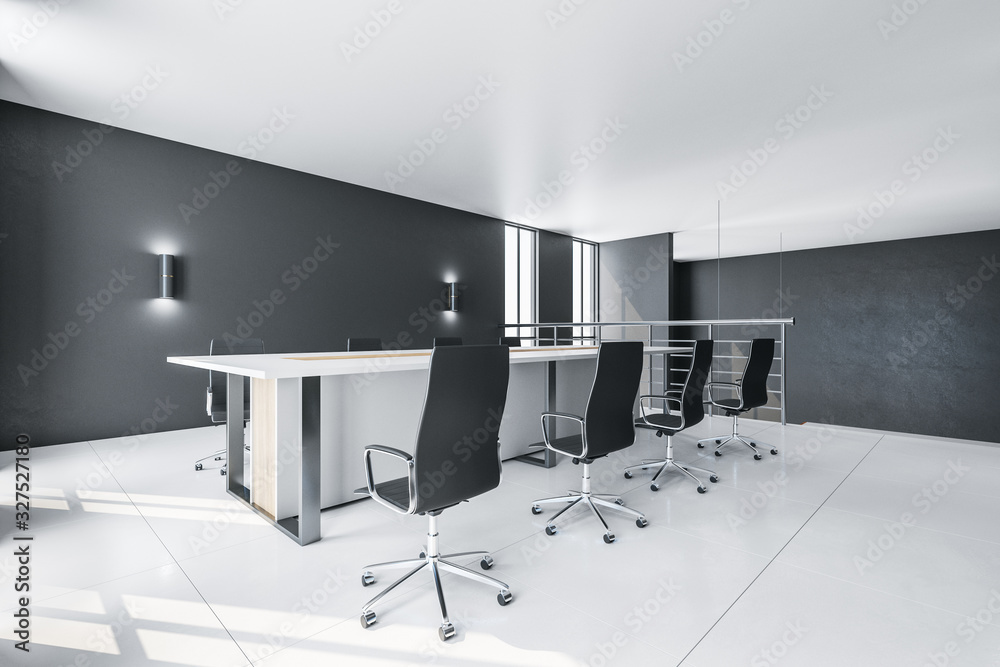 Minimalistic conference interior with copy space on black wall.