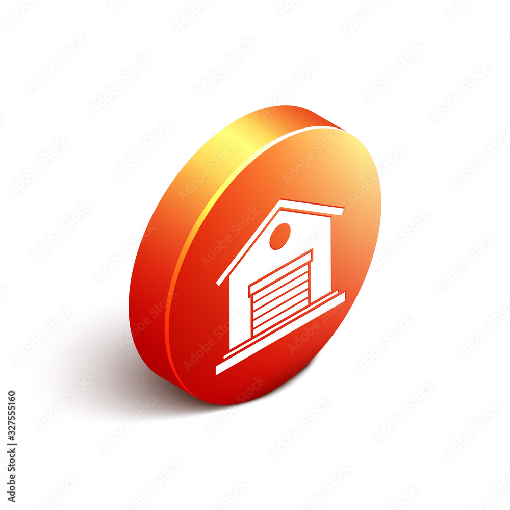 Isometric Warehouse icon isolated on white background. Orange circle button. Vector Illustration