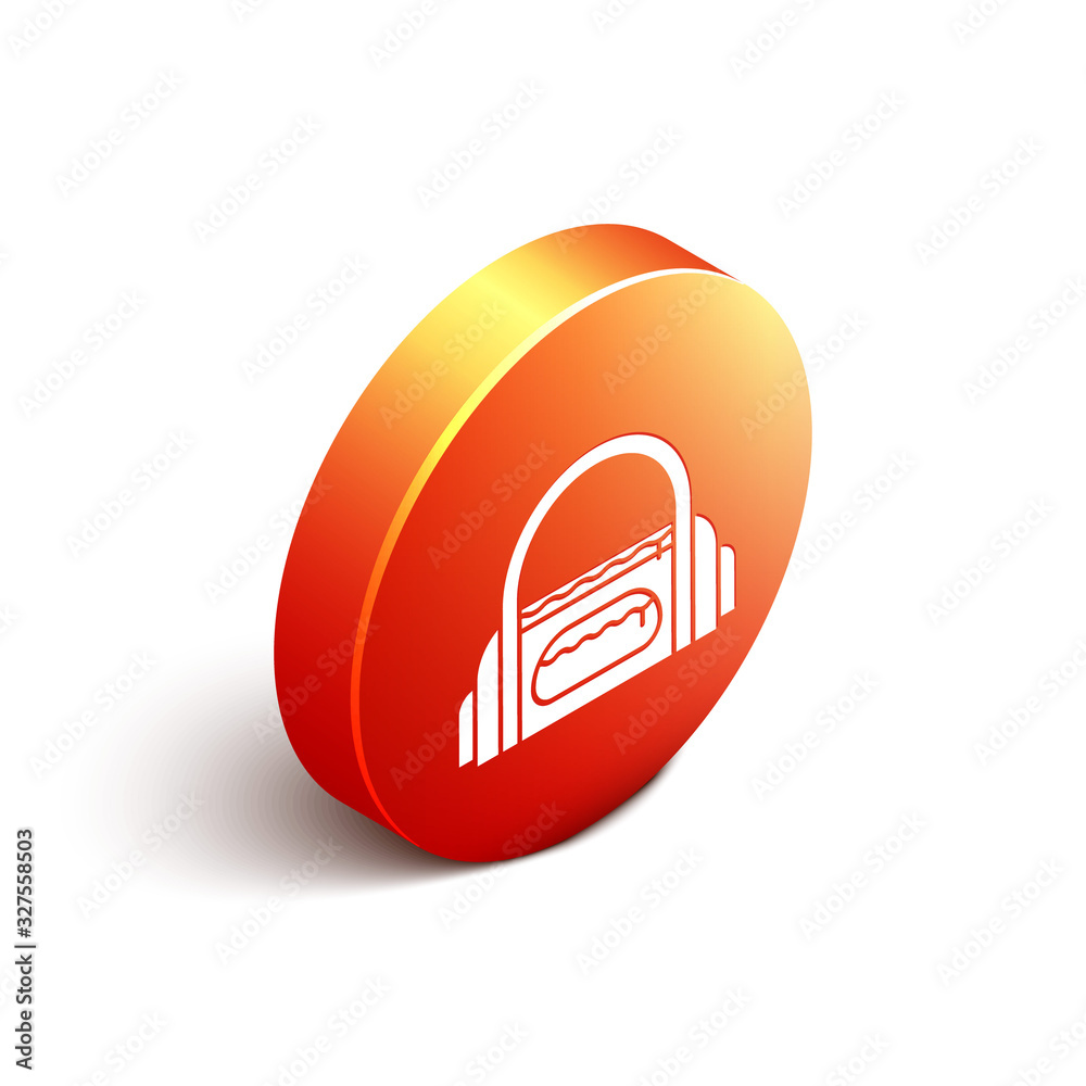 Isometric Sport bag icon isolated on white background. Orange circle button. Vector Illustration