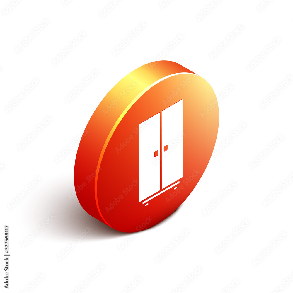 Isometric Wardrobe icon isolated on white background. Orange circle button. Vector Illustration