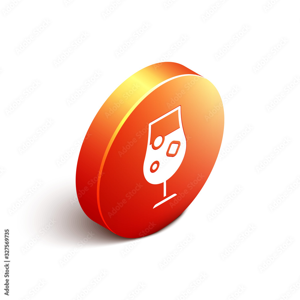 Isometric Cocktail and alcohol drink icon isolated on white background. Orange circle button. Vector