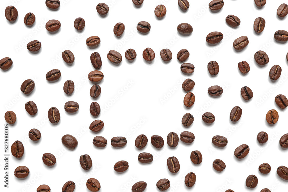 Frame made of coffee beans on white background