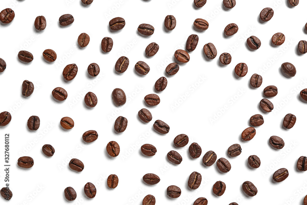 Frame made of coffee beans on white background