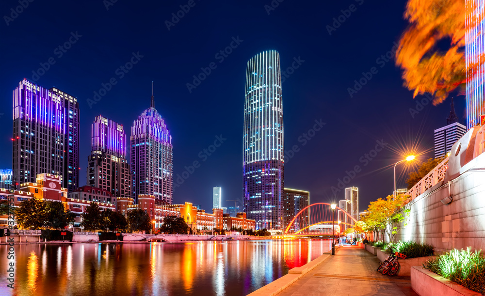 Night view of Tianjin urban architectural landscape..