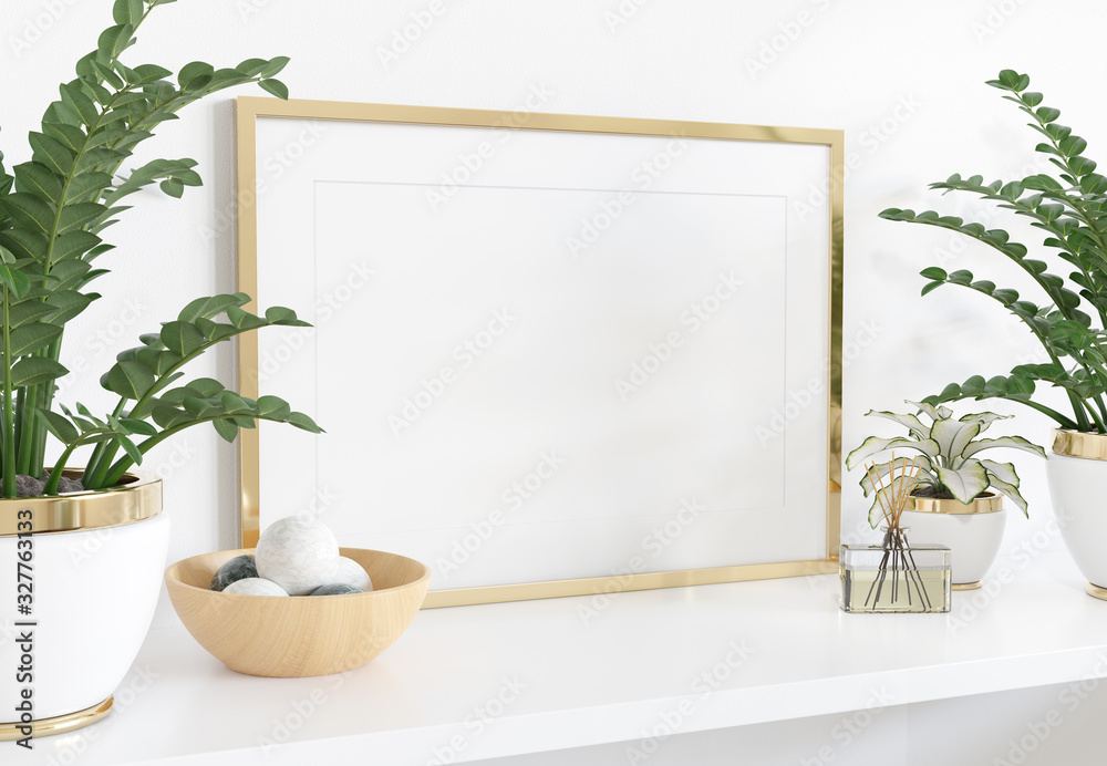 Golden frame leaning on white shelve in interior with plants and decorations mockup 3D rendering