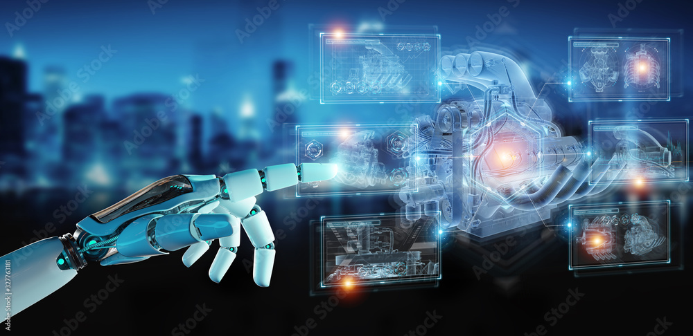 Robot hand holding and touching wireframe holographic digital projection of an engine 3D rendering