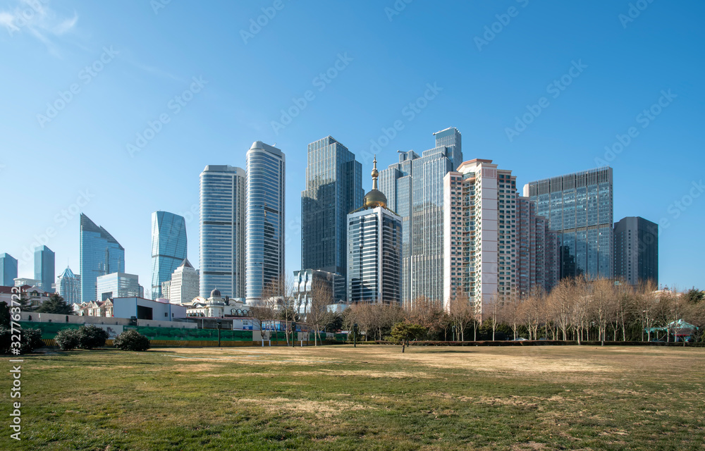 Qingdao city skyline and square floor tile building landscape..