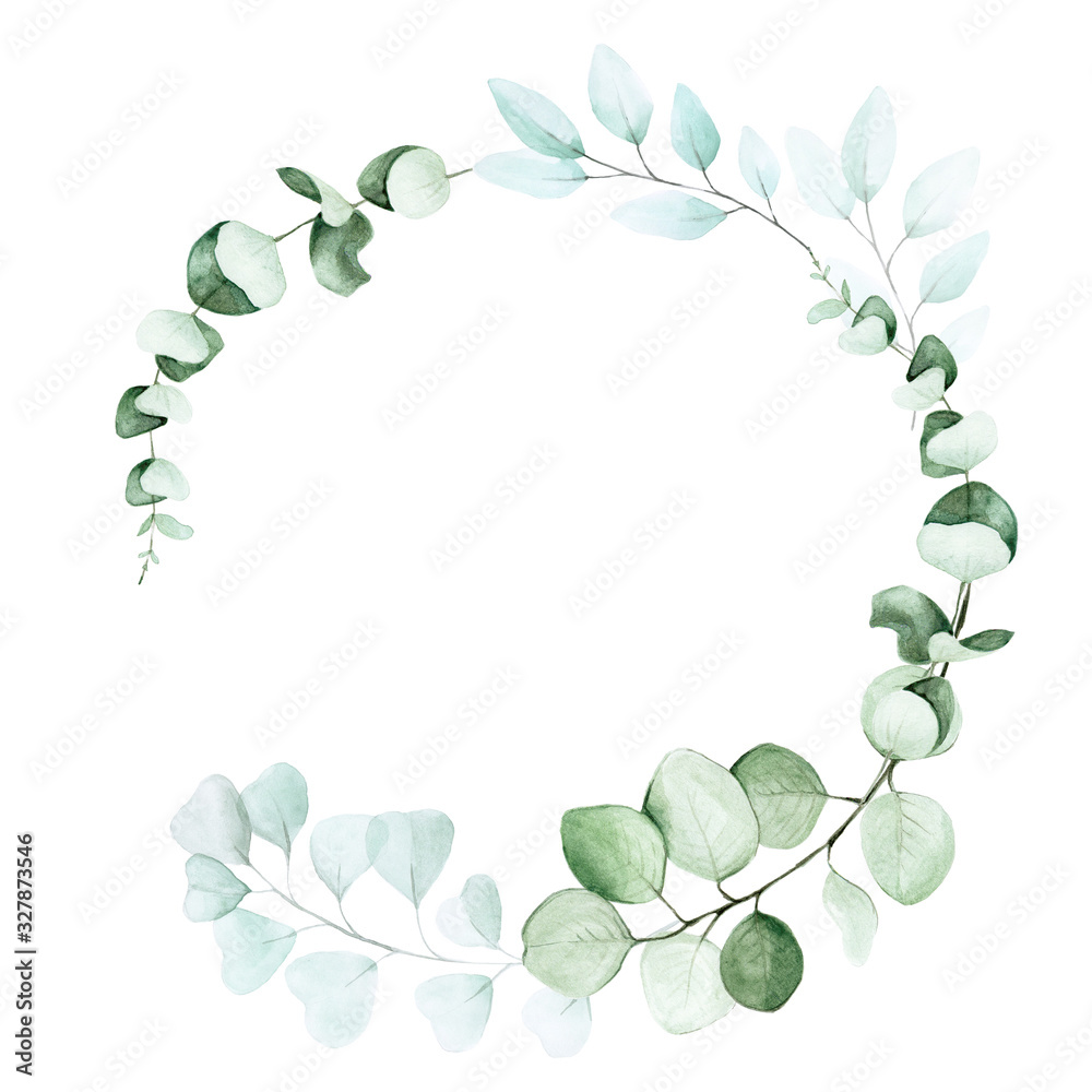 stock illustration watercolor drawing. round frame of eucalyptus leaves. graphic design element for 