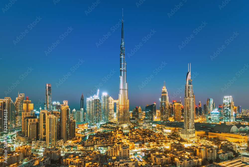 Dubai city skyline at sunset, United Arab Emirates