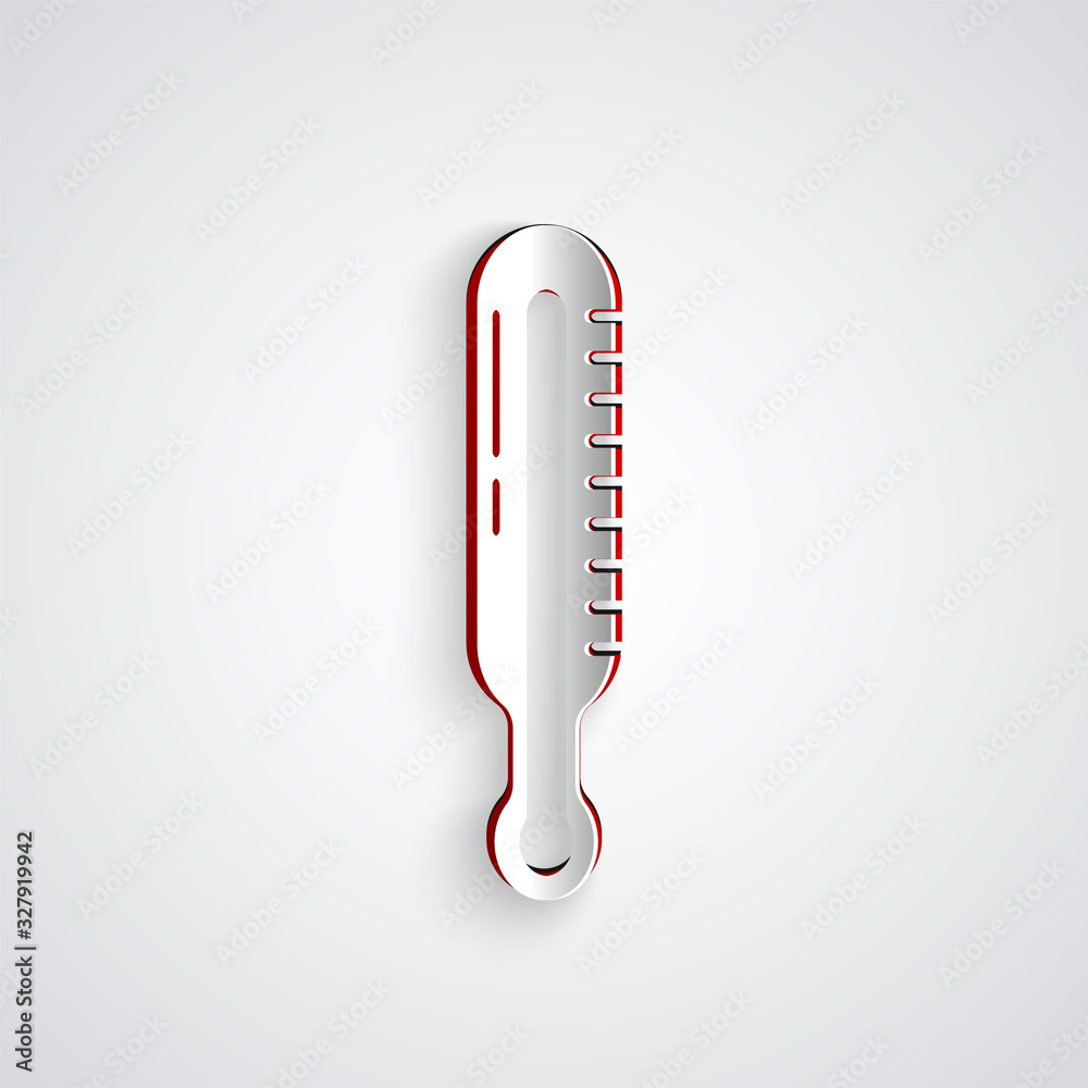 Paper cut Meteorology thermometer measuring icon isolated on grey background. Thermometer equipment 