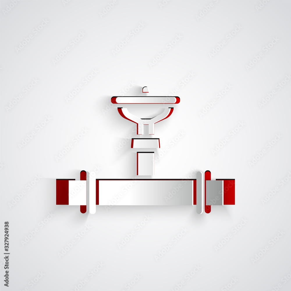 Paper cut Industry metallic pipe and valve icon isolated on grey background. Paper art style. Vector