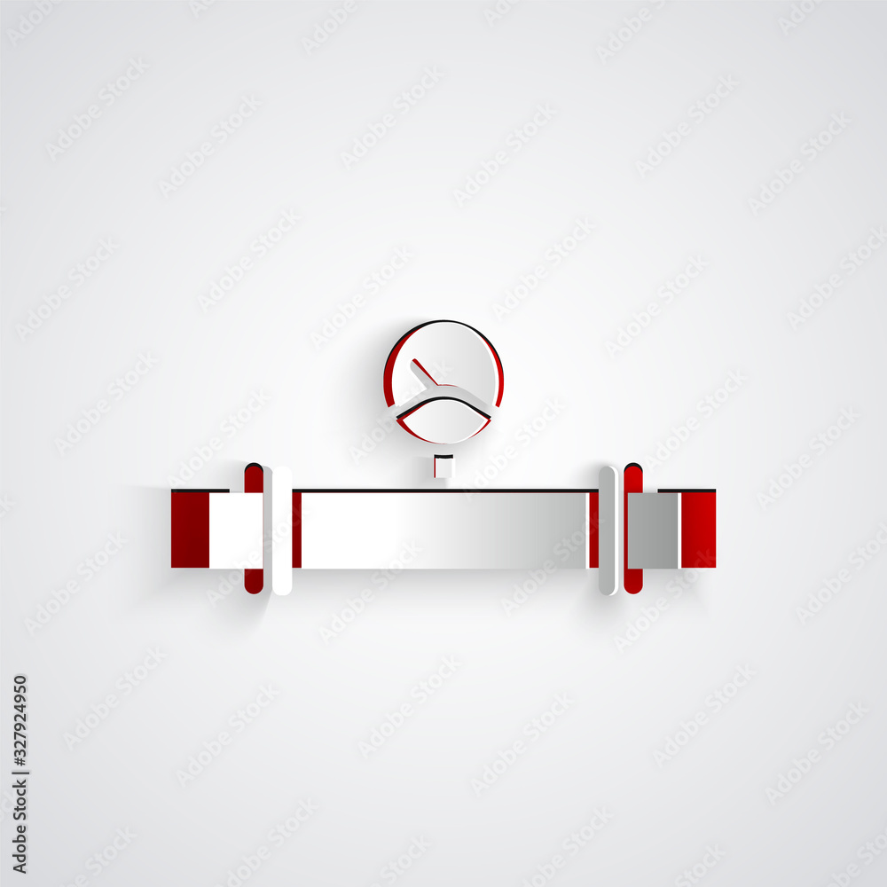 Paper cut Industry metallic pipe and manometer icon isolated on grey background. Paper art style. Ve