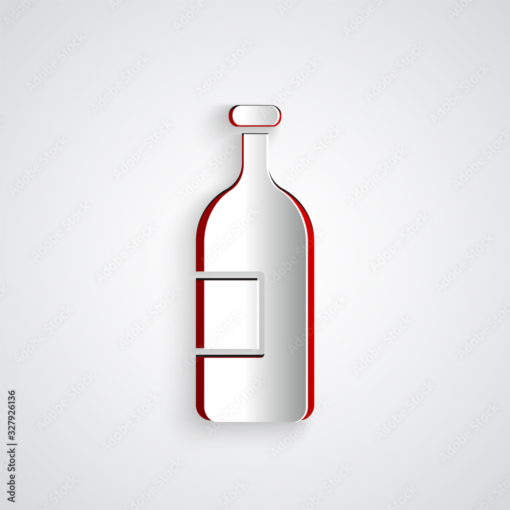 Paper cut Alcohol drink bottle icon isolated on grey background. Paper art style. Vector Illustratio