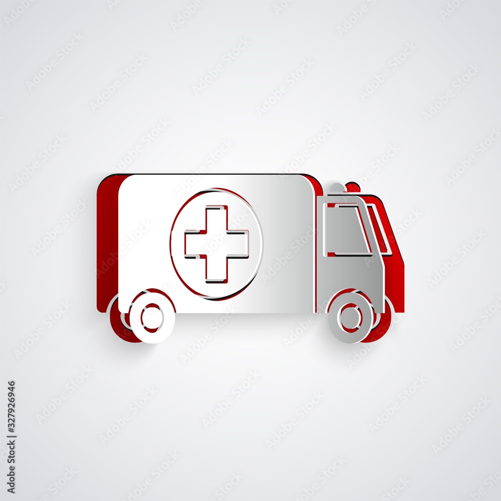 Paper cut Ambulance and emergency car icon isolated on grey background. Ambulance vehicle medical ev