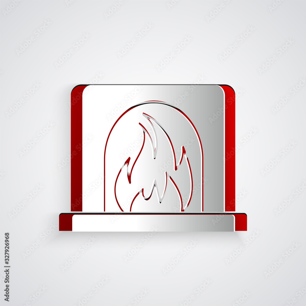 Paper cut Interior fireplace icon isolated on grey background. Paper art style. Vector Illustration