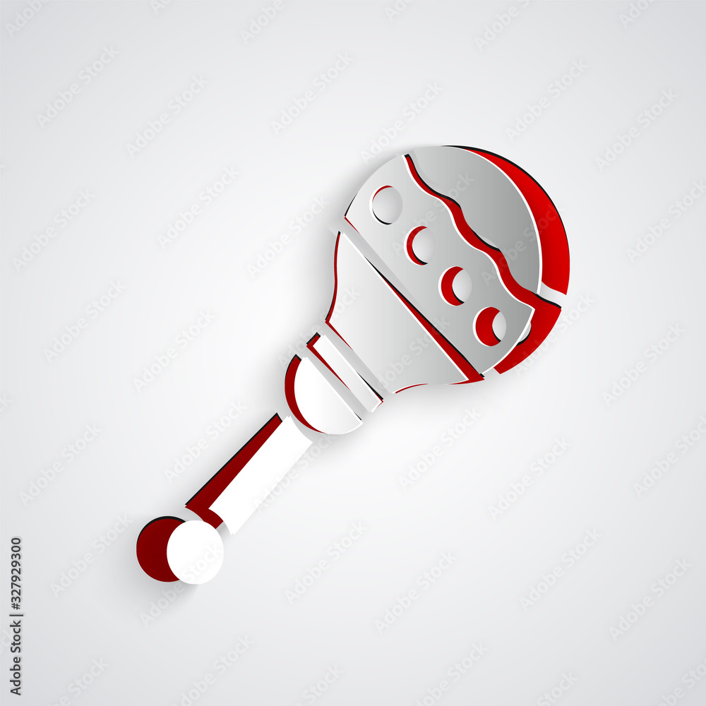 Paper cut Maracas icon isolated on grey background. Music maracas instrument mexico. Paper art style